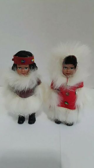 2 Vintage Mini Souvenir Native American / Eskimo Dolls With Real Fur