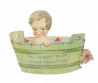 Darling Antique Valentine - Googlie Eyed Baby In Wash Tub - Dog - Die Cut