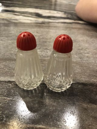 Vintage Glass Salt Pepper Shakers Red Plastic Tops Mod Minimalist