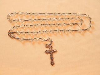 Antique Sterling Silver & Clear Crystal / Glass Beads Rosary