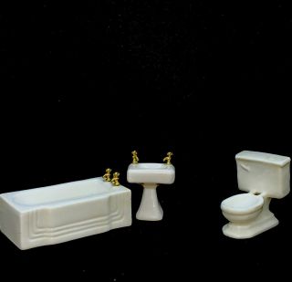 Vintage Art Deco Dollhouse 3 Pc Porcelain Bathtub,  Toilet And Pedestal Sink Set