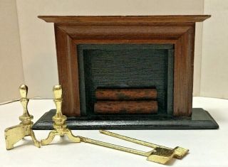 Vintage Miniature Dollhouse Fireplace W/ Logs & Tools