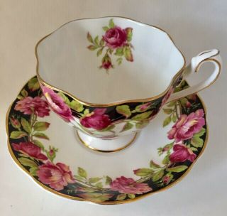 Vintage Queen Anne " Black Magic " Roses Tea Cup And Saucer.  Bone China England.