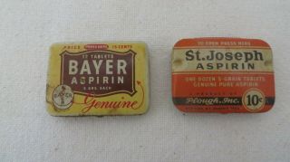 Two Antique Vintage Aspirin Tablets Tins Bayer And St Joseph