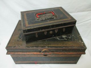 2 Antique Vintage Metal/tin & Brass Deed Box Cash Box Moneybox Money Box.  No Key