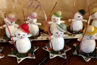Rare Antique Spun Cotton Snowmen Set Of 10 Germany Pre - War