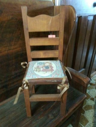Vintage 18 - In Doll Size Ladder Back Wooden Chair Old Fashioned Patriot Cushion