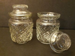 2 Vtg Apothecary Jars Quilted Diamond Clear Glass Candy Bathroom Storage Lidded