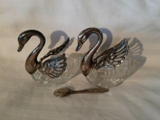 Antique Italy Crystal Silver Plate Swan Salt Cellar Hinged Wings With Spoon