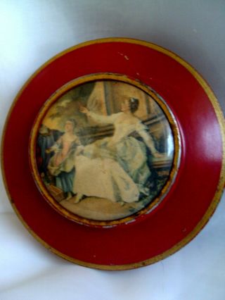 Vintage Antique French Round Tin Container Red Can W/ Lid Victorian Ladies