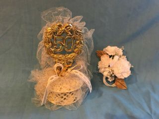 Vintage 50th Anniversary Gold & Cream Bakery Crafts Cake Topper & Wristlet