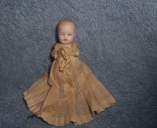 Cute Antique Vintage German Bisque Doll Baby N Gown 2.  5 " Dollhouse Size