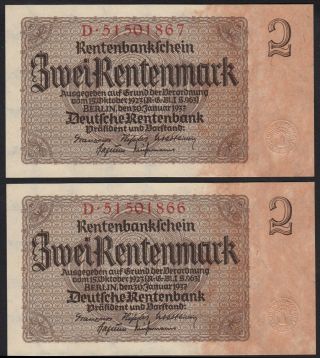1937 2 Rentenmark Germany Vintage Nazi Money Banknote 3rd Reich Rare Pair Unc