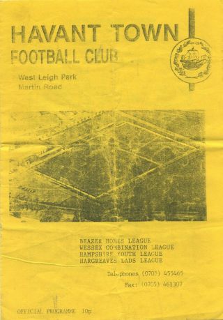 91 - 92 Havant Town V Arsenal Youth Friendly Rare 4 Page Issue