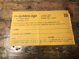 One Extremely Rare - Watchtower Golden Age Subscription Form Near - Look