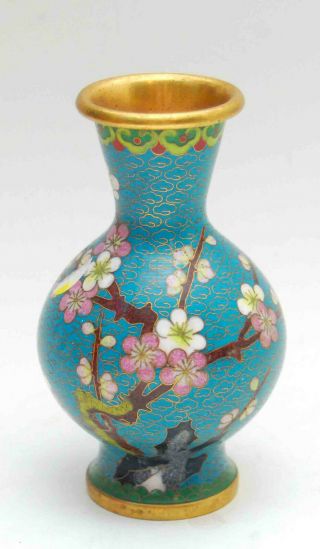 Small Vintage Antique Chinese Cloisonne Teal Blue Floral Vase