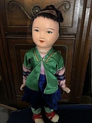 Antique/ Vintage Chinese Composition Doll In Silk Clothing