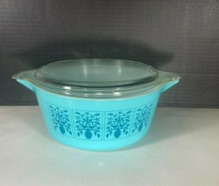Pyrex Saxony Tree Of Life 475 - B Turquoise Casserole 2.  5 Qt With Lid,  Rare