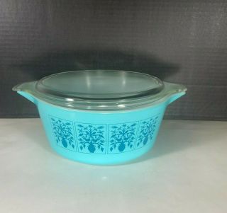 Pyrex Saxony Tree of Life 475 - B Turquoise Casserole 2.  5 Qt with Lid,  RARE 3