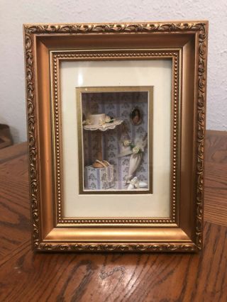 Framed Shadow Box 3d Diorama,  White Hat On Stand,  Pumps Scene