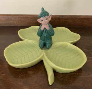 Vintage 1951 Gilner California Pottery Pixie Elf On 4 - Leaf Clover Dish