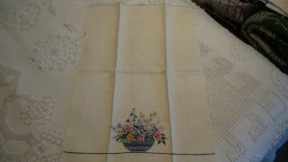 Antique Petit Point Embroidered Guest Towel Blue Basket Of Flowers,  Multi - Color