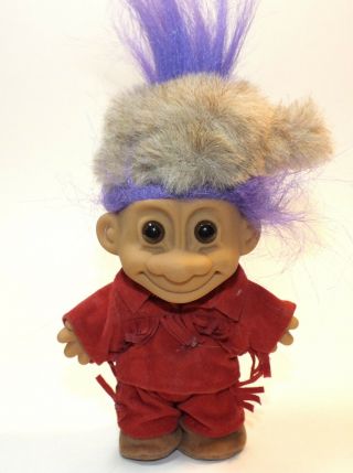 Vintage Troll Doll Russ Davy Crockett Purple Hair Red Fringe Outfit Fur Hat Toy