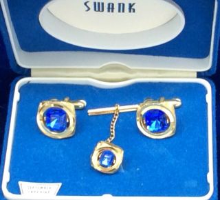 Swank Cufflinks & Tie Tack Set Case Sapphire Blue Rivioli Stone Vtg