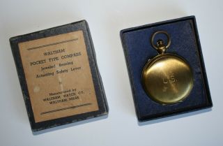 Vintage Waltham Pocket Type Compass With Rare Box Wwii Us Military