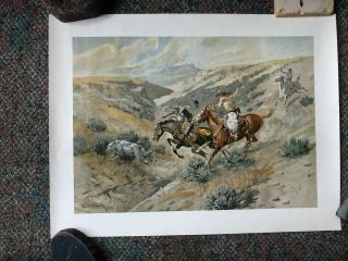 Vintage Charles M.  Russell Cowboys Roping A Wolf Print Union 76 1960 