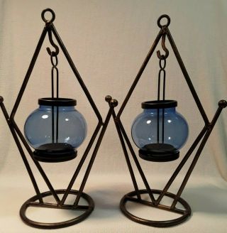 Set Of 2 Metal Tabletop Stands Blue Hanging Candle Holders For Tea Lights