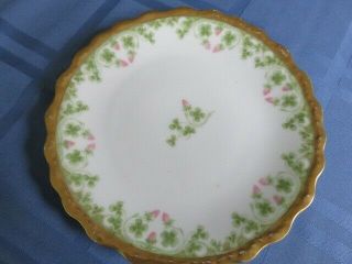 Antique Limoge 7 " Plate Hand Painted With Shamrocks & Pink,  Gold Scalloped Edge