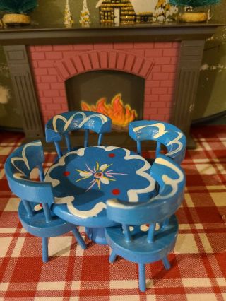 Vtg.  Set Dollhouse Furniture Wooden Blue Round Table 4 Chairs Kitchen Dining Set