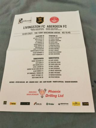 Livingston V Aberdeen Spl 13th Jan 2021 Colour Team Sheet (postponed.  Rare.