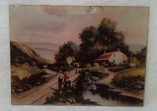 Antique 1898 Ullman Mfg Co.  York Print Under Glass Farm River Scene