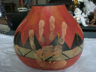 Vintage 1994 Panpi Signed Patricia Peterson Large Hand Painted Gourd Pot 9 " X 8 "