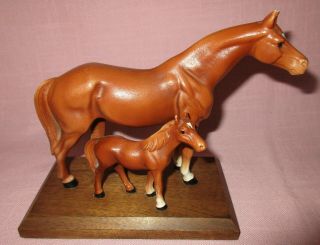 Antique Early 20th C.  Hubley Cast Iron Horse & Foal Doorstop Figure Wood Base