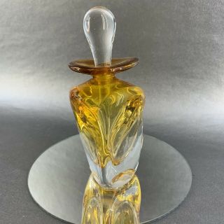 Vintage Signed Amber Crystal Blown Studio Art Glass Perfume Bottle & Stopper 5” 3