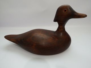 Vintage Dark Color Wood Hand Carved Wooden Duck Decoy Glass Eyes