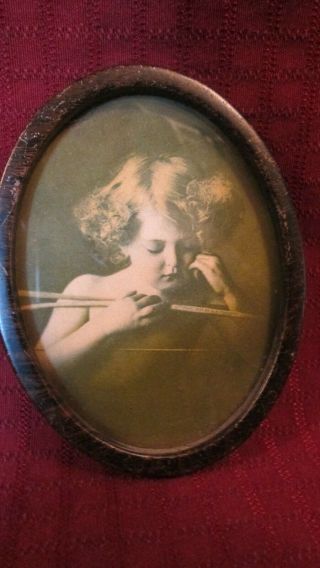 Antique Sepia Photo Print Cupid Asleep Oval Tin Frame 3 3/8 " X 4 3/8 "