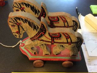 Antique Wooden Horse Childs Pull Toy 1930 Draft Horses In Harness