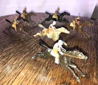 Rare Set Of 6 Lead Cast Metal Toy Racehorses With Jockeys Ca 1930’s