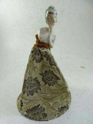 Antique German Porcelain Half Doll Pin Cushion Figurine Wire Base Boudoir Vanity