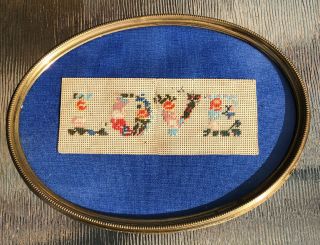 Antique Victorian Punched Paper Embroidered Oval Tin Frame Sampler Motto “love”
