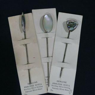 3 Carded Sterling Silver Setting W/ Abalone Shell Antique Victorian Hat Pins