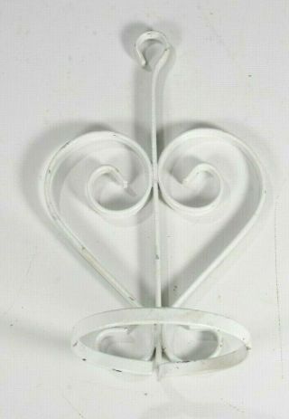 Vintage White Chippy Wrought Iron Heart Garden Wall Fence Plant Holder