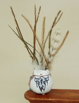 Vintage Southwest Pot With Feathers Artisan Dollhouse Miniature 1:12