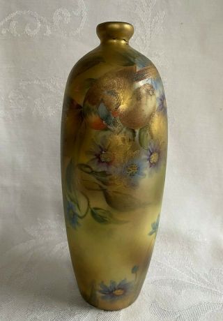 Antique Royal Kinran Nippon Porcelain Hand Painted Bird 9 " Tall Gold Vase