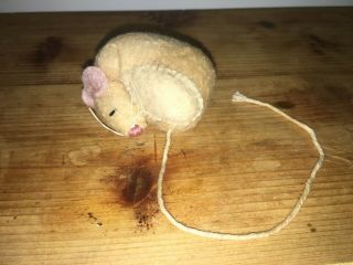 Antique Needle Felted Wool Curled Up Sleeping White Mouse W.  Pink Ears