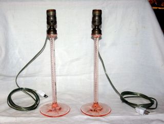 Rare Vintage Pink Depression Glass Boudoir Vanity Dressing Table Lamp Pair